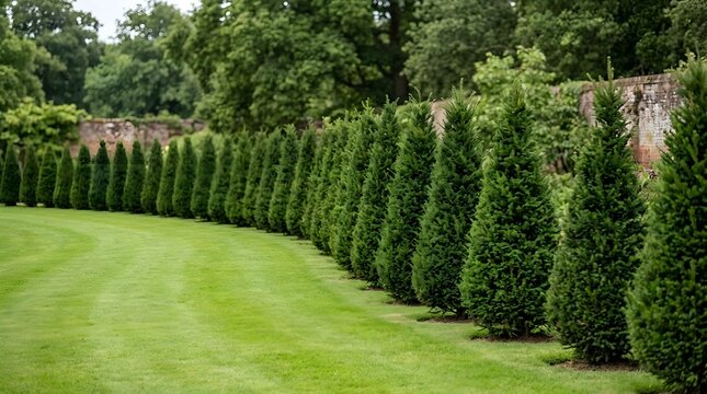 A beautifully maintained lush green hedge row gently curves and winds across a vibrant green lawn in a bright garden landscape on