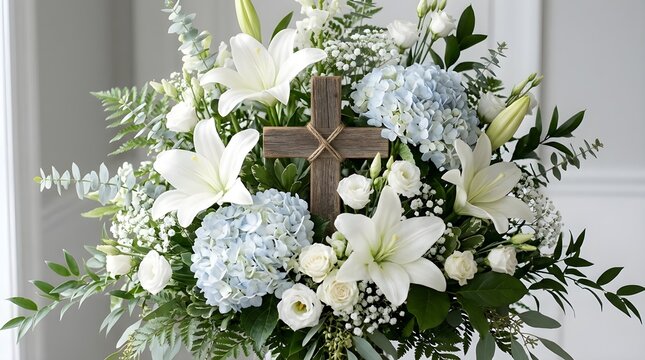 A beautiful and elegant sympathy flower arrangement features a wooden cross alongside white lilies and soft blue hydrangea expressing heartfelt condolences and