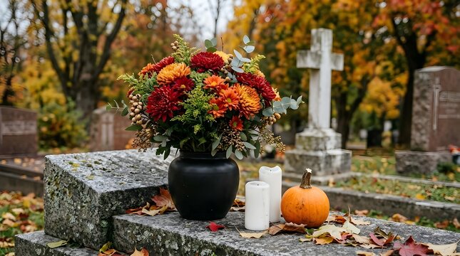 Beautiful autumn flowers and a vibrant pumpkin respectfully decorate a gravesite within a quiet peaceful cemetery during fall season remembrance and mourning