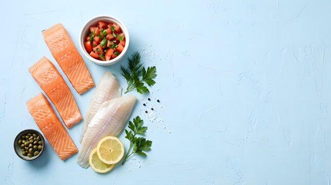 Delicious fresh salmon fillets paired with vibrant homemade salsa verde and bright lemon wedges presented on a pale light blue background healthy