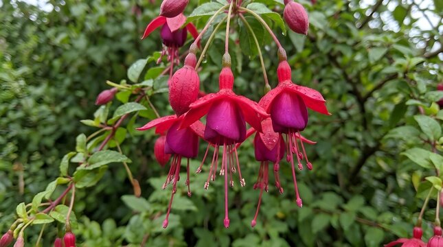 A beautiful and vibrant collection of fuchsia flowers are seen hanging down from delicate stems amidst a backdrop of lush green garden