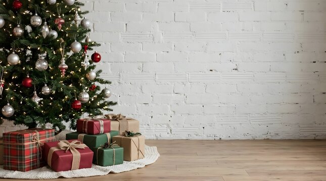 A beautifully decorated christmas tree stands brightly lit with many colorful gifts placed underneath in a warm and inviting interior living space