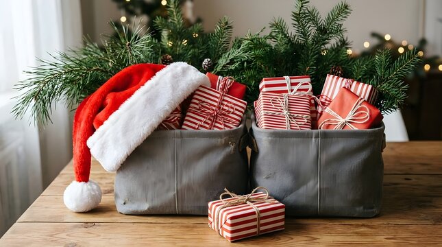 Beautifully wrapped christmas presents are neatly stored in gray containers decorated with a santa hat and lush evergreen branches for the holidays