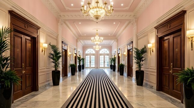 A beautifully designed hotel hallway features detailed wooden doors and a long patterned rug extending towards a bright and inviting hotel entrance