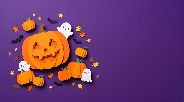 A delightful halloween scene features intricately carved pumpkins with friendly ghosts and fluttering bats against a vibrant purple backdrop for autumn festivities