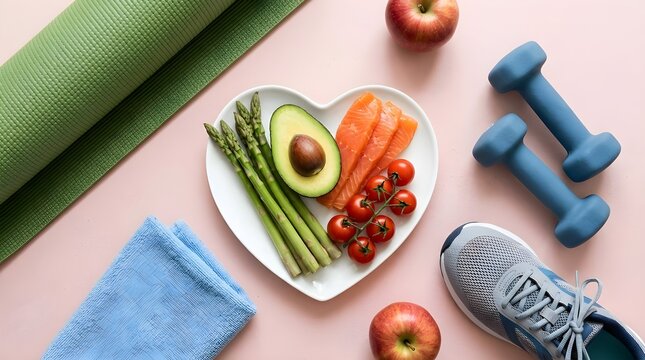A healthy lifestyle is represented with vibrant fresh vegetables colorful fruit and modern fitness equipment arranged on a soft pastel pink backdrop