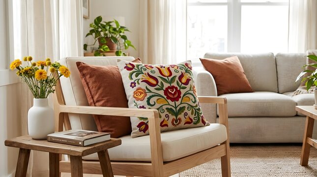 A bright and airy living room interior features comfortable seating arrangements with vibrant colorful pillows and beautiful natural light streaming in through