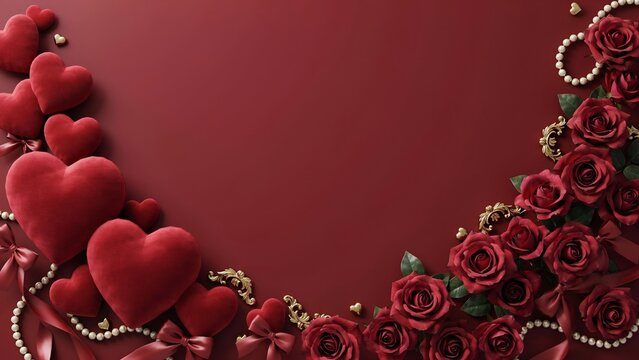 Red velvet hearts and roses border on dark red background