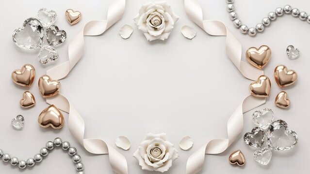 White ribbon frame with rose flowers, gold hearts and crystal beads