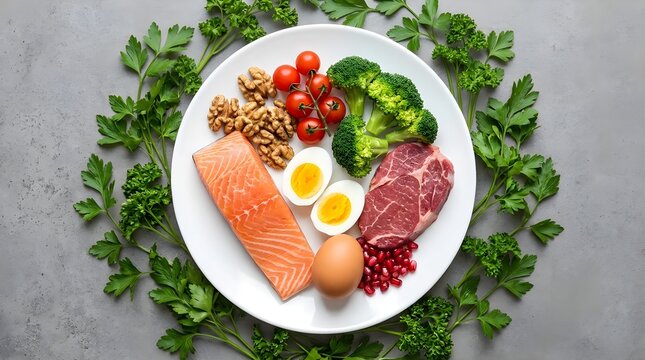 A nutritious and well balanced plate with salmon eggs beetroot whole grains cherry tomatoes and vibrant green broccoli presented beautifully