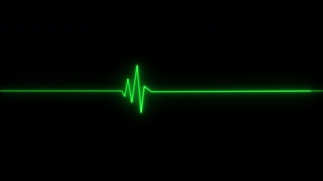 Cardiograph heartbeat line green glowing neon, ECG monitor beating heart beat electrocardiogram animation on transparent background, 4k video