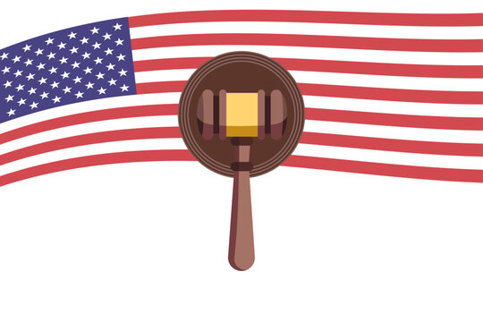 Flat vector illustration of a wooden judge gavel in front of the American flag. US legal justice system concept. 