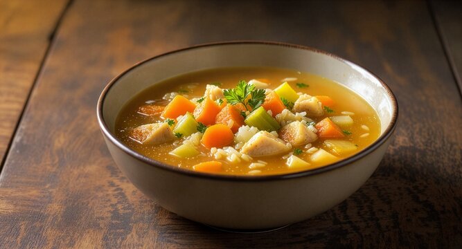A comforting bowl of hot vegetable chicken soup with carrots, celery, potatoes, and parsley garnish served on a rustic dark wooden table background, perfect for a cozy meal.