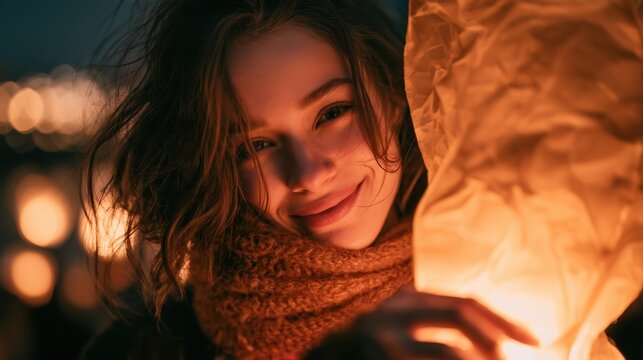 A smiling young woman holding a glowing handmade St. Martin's Day paper lantern, warm light illuminating her face, cozy knit scarf, autumn evening, soft bokeh of city lights in the background