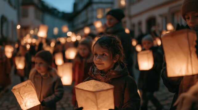  A St. Martin's Day lantern procession, diverse group of children in warm coats carrying glowing handmade paper lanterns along a cobblestone street in a European old town at dusk