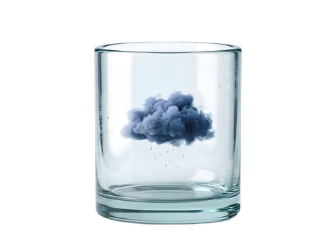 Small rain cloud inside a clear glass tumbler isolated on transparent background