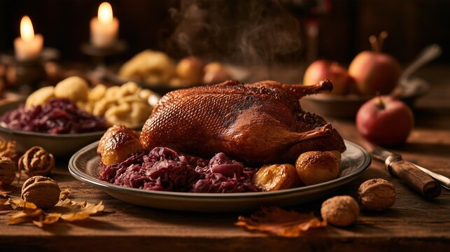 A golden roasted Martinmas goose on a rustic wooden table, served with red cabbage, potato dumplings and baked apples, warm candlelight, autumn leaves and walnuts as decor