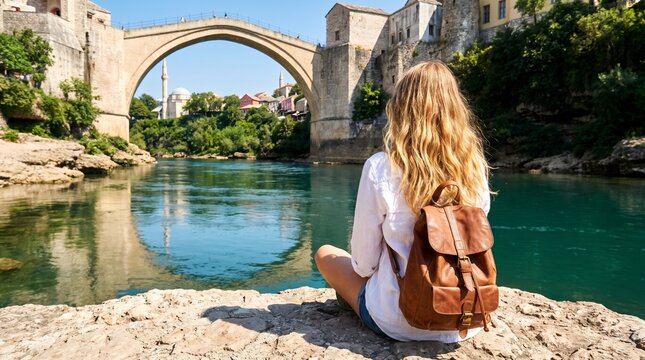 A solo traveler with a backpack sits by a turquoise river, gazing at an ancient stone bridge and distant buildings. The sun shines brightly, illuminating the scenic view