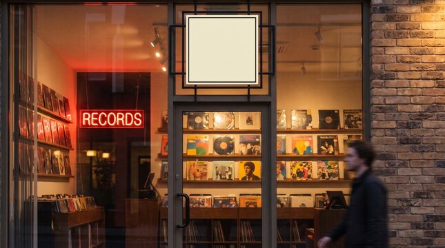 A man walks past a vintage record store at night, with a neon RECORDS sign glowing in the window. The store is filled with shelves of vinyl records, creating a nostalgic atmosphere.