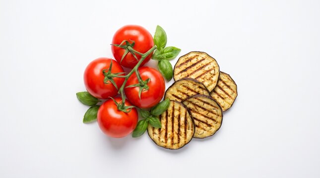 Fresh ripe tomatoes on the vine with grilled eggplant slices and basil leaves, a delightful culinary composition.