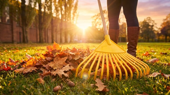 A person raking fallen autumn leaves in a park with the golden sun shining through the trees