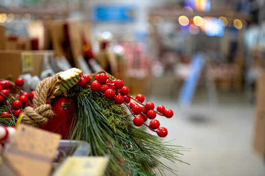Christmas berries and pine decoration in store