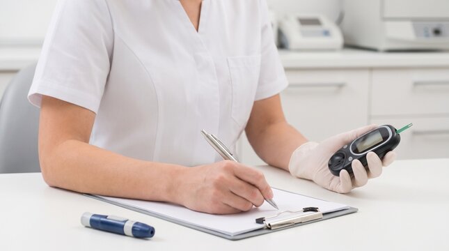 Doctor checking blood sugar in clinic with glucose meter and pen. Doctor writing on clipboard while holding glucose meter. Healthcare professional performing diabetes test.