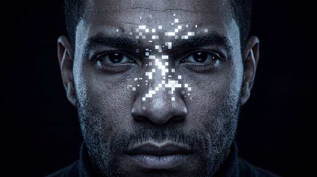 Futuristic Facial Recognition close-up of a man's face with glowing digital pixels and data glitch effects ideal for cybersecurity concepts and AI technology articles.