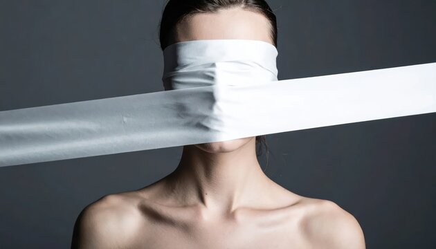 Person with blindfold and mouth covered in white fabric.