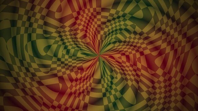 Op-Art Warped Grid Motion Background with Rotating Geometric Checkered Patterns in Ruby Red and Emerald Gold