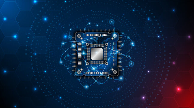 High-tech microchips on a blue circuit board background, with glowing data connection lines. An abstract digital motherboard with a CPU in the center and orbits.