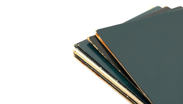 Stack of vintage record albums on white background