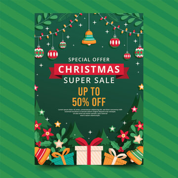 Christmas Super Sale Poster with Festive Ornaments, Gift Boxes, and Pine Trees on Green Background