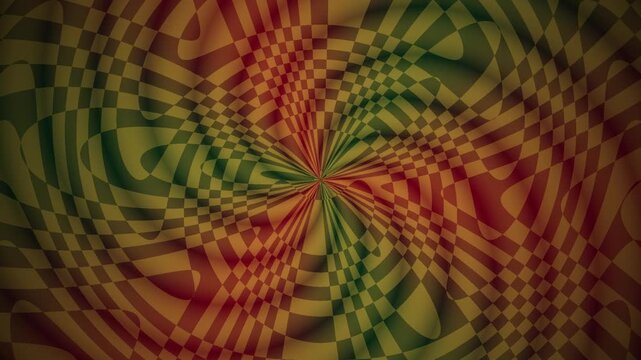 Op-Art Warped Grid Motion Background with Rotating Geometric Checkered Patterns in Ruby Red and Emerald Gold