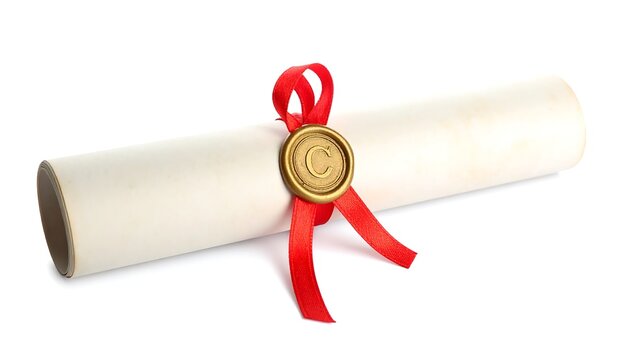 Rolled up diploma with red ribbon and gold seal