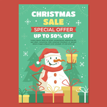 Sale Special Offer Poster with Cheerful Snowman Holding Gift and Up to 50% Off Discount Promotion Vector Illustration