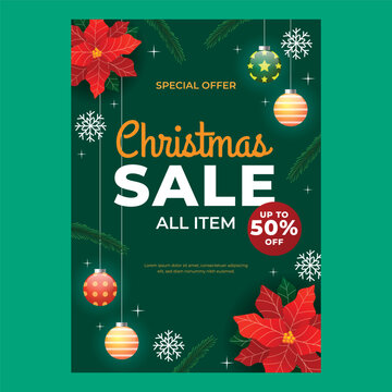 Festive Christmas Sale Promotion Poster Vector Illustration with Poinsettia Flowers, Ornaments, and Snowflakes on a Green Background, offering Special Holiday Discounts.