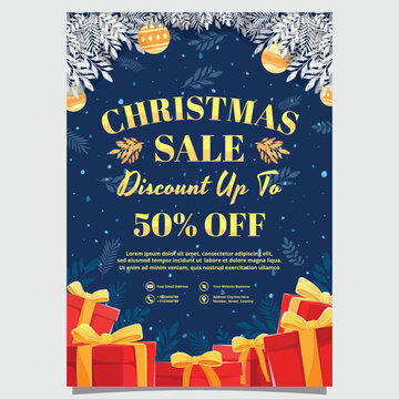 Christmas sale flyer template with red gift boxes, golden ribbons, and festive holiday decorations