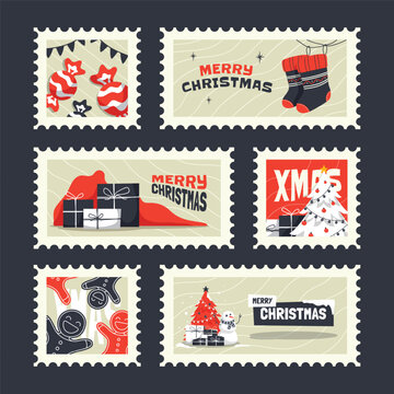 Christmas postage stamp collection with festive holiday icons and Merry Christmas typography in flat vector style
