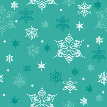 Seamless Christmas Snowflake Pattern with White Winter Crystals on Teal Background for Holiday Wrapping Paper