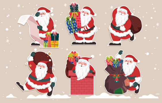 Santa Claus Character Set with Christmas Gifts and Holiday List, Vector Illustration for Seasonal Greeting Cards