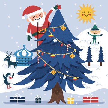 Santa Claus Decorating Christmas Tree with Elf and Reindeer in Snowy Winter Landscape Illustration