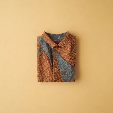 Folded mens long sleeve shirt with traditional brown and blue batik pattern on a soft yellow background