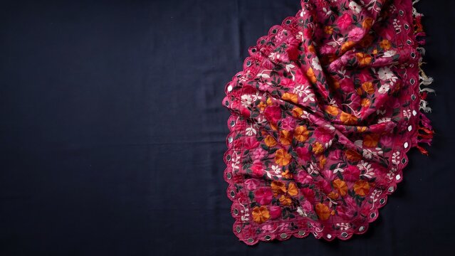 Traditional colorful embroidered fabric with mirror work on a dark background