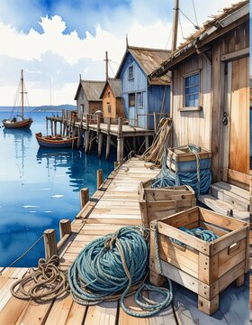 Untitled desigWatercolor Fishing Village Painting With Wooden Pier And Ocean Boatsn - 1