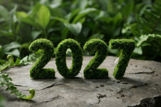 Green mossy number 2027 representing new year celebration and growth symbolism.