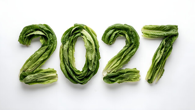 Creative year 2027 made out of fresh green lettuce leaves on white background.