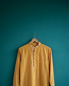 Traditional yellow Indian kurta with intricate white embroidery hanging on a wooden hanger against a dark teal wall