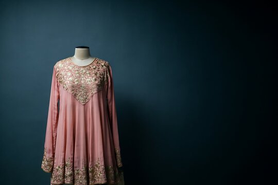 Elegant pink ethnic tunic with intricate gold embroidery displayed on a mannequin