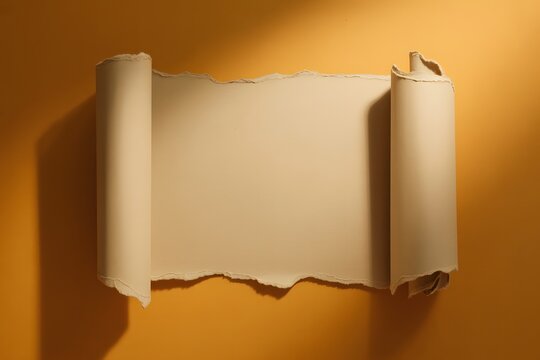 Elegant horizontal paper scroll with rolled edges on an orange surface for announcements and product
